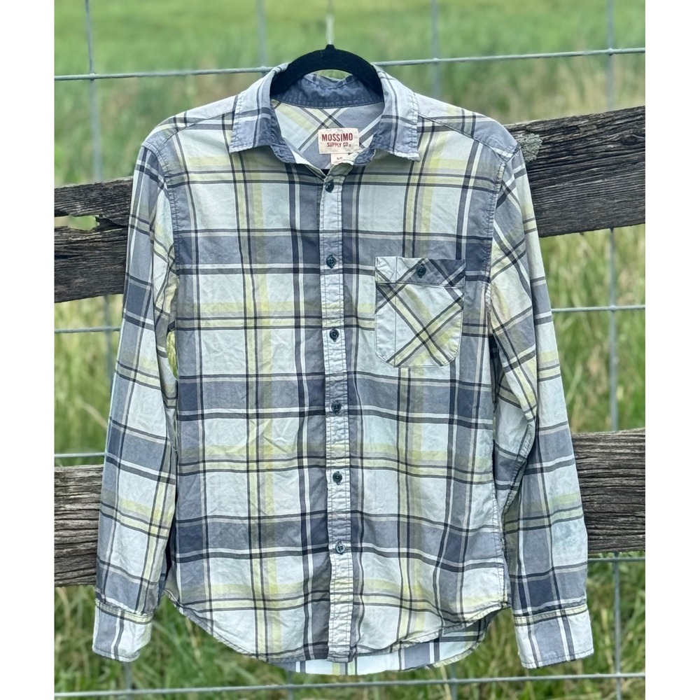 Mossimo Supply Co Small Blue Grey Yellow Plaid Cotton Button Front Shirt Coton